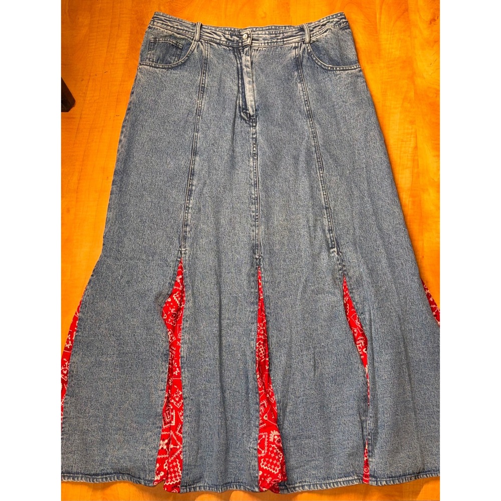 Mirasol Denim Maxi Skirt Red Bandana Print Godet Inset Western Boho Womens L